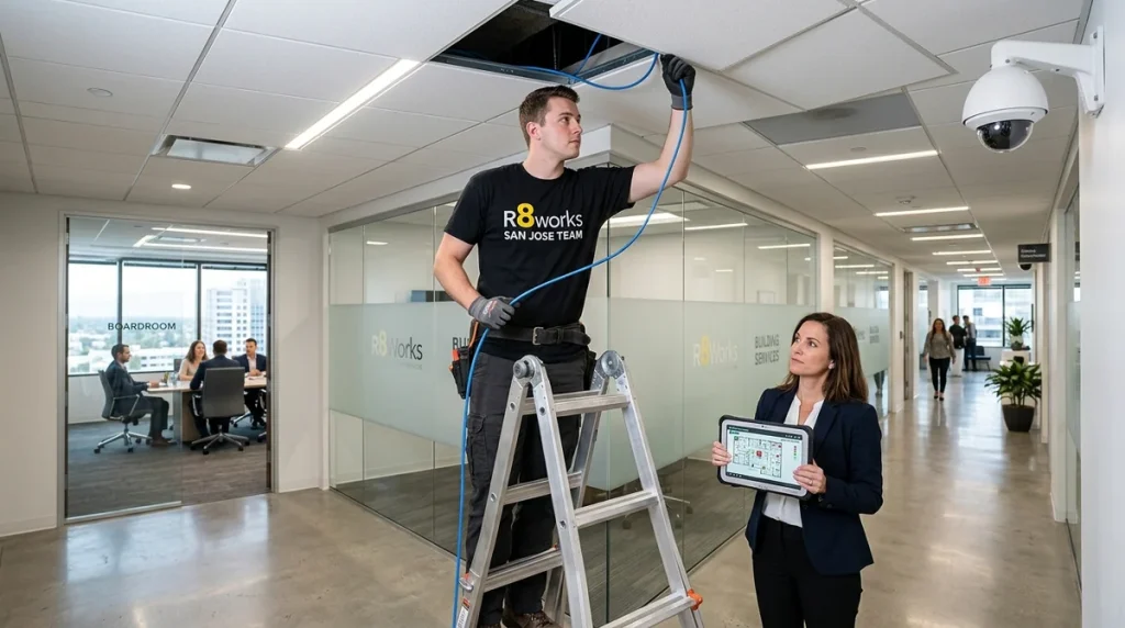 R8Works technician routing PoE cable through a commercial ceiling in a San Jose office building while a property manager reviews the camera layout on a tablet