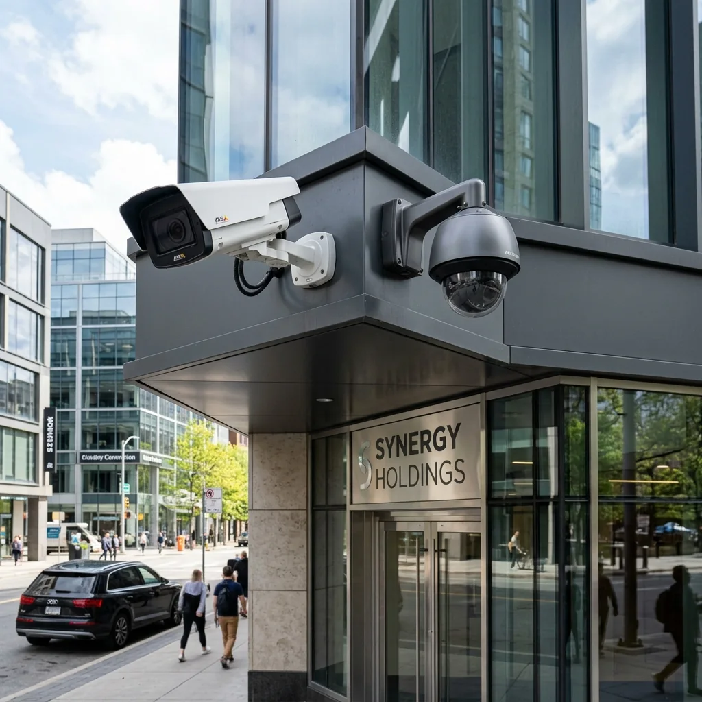 Commercial IP security camera installation above a San Mateo office building entrance