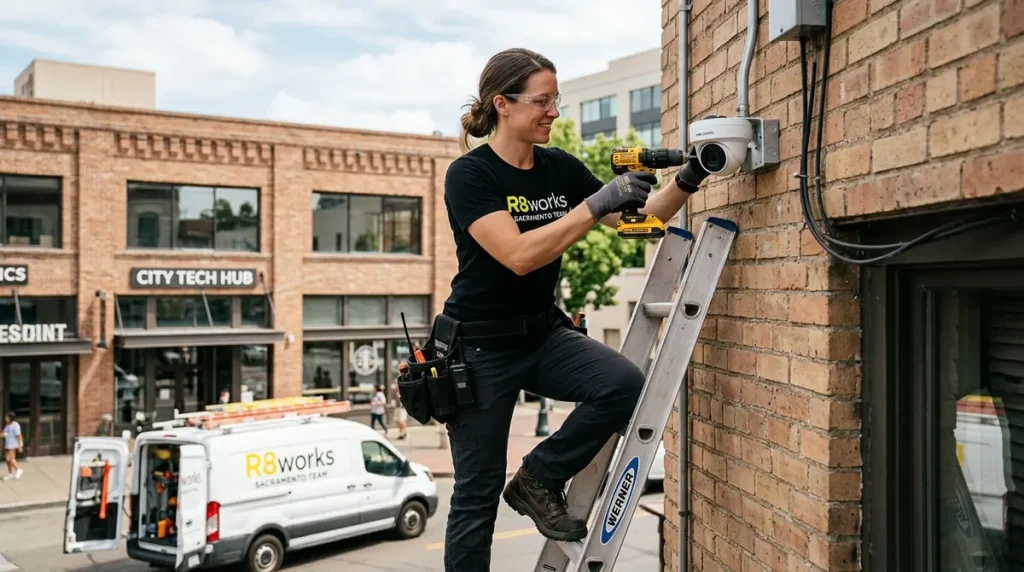 Female professional installing commercial security cameras for a business in Sierra Oaks, Sacramento.