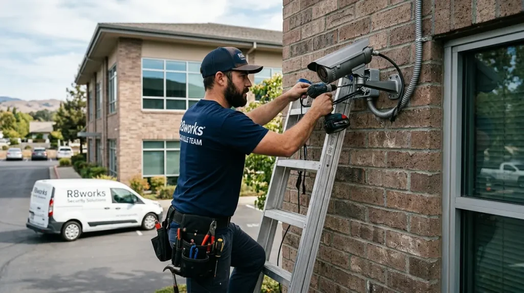 A technician in an R8works shirt installing a heavy-duty commercial bullet security camera on the exterior brick wall of a modern commercial office building in Vacaville.