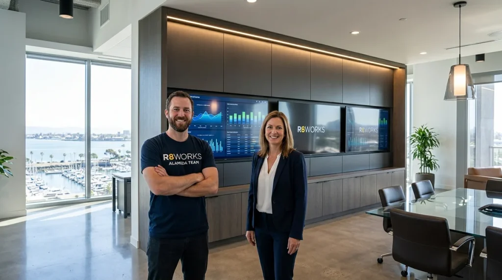 Commercial media wall installation in Alameda — an R8Works technician installing a multi-display media wall in an Alameda Landing office space while a property manager reviews the specs