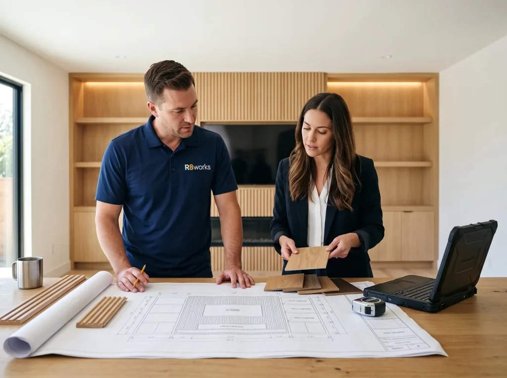 R8Works installer and an interior designer reviewing a media wall shop drawing and oak veneer samples for a trade partner project
