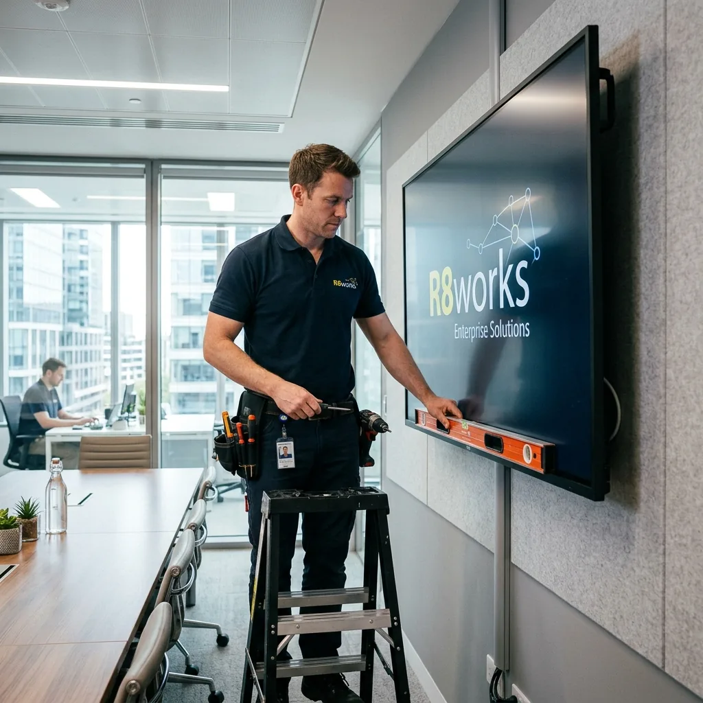 Male technician installing commercial display screen in modern Davis office meeting room.