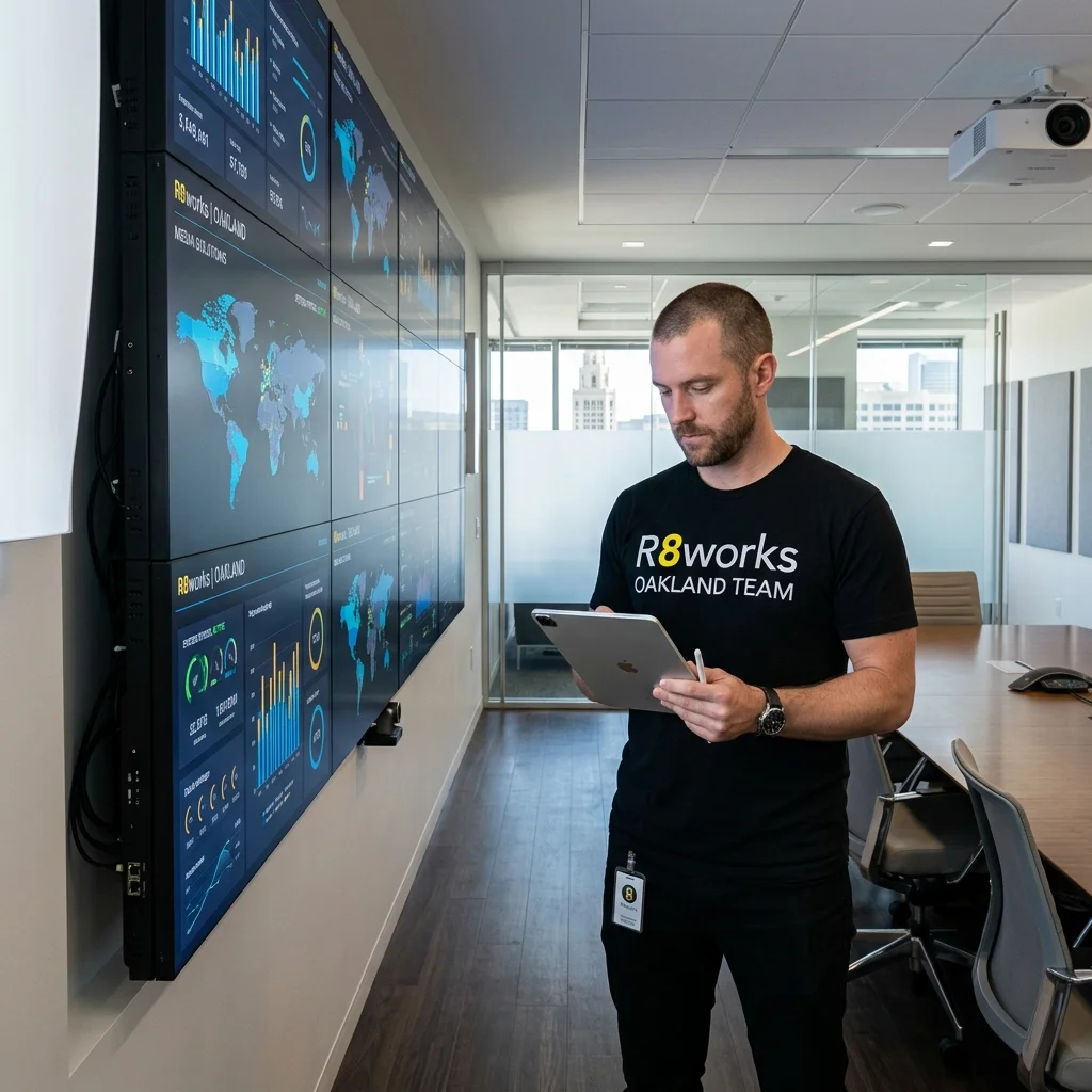 Commercial media wall installation in Oakland — an R8Works tech properly leveling a heavy display in an office building