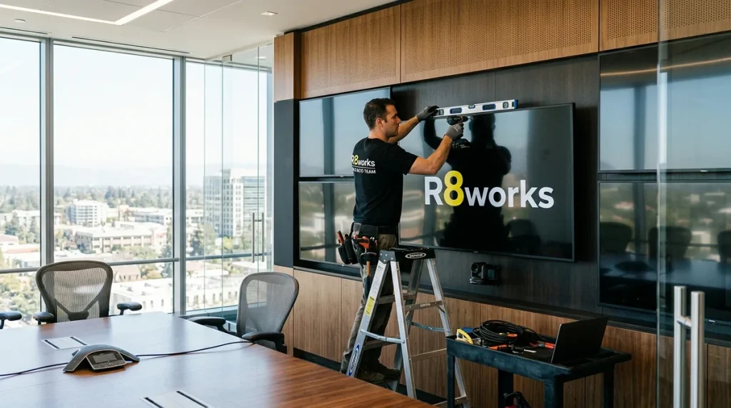 Commercial media wall installation in Palo Alto — an R8Works engineering team carefully mounting a multi-screen display in a modern corporate office.