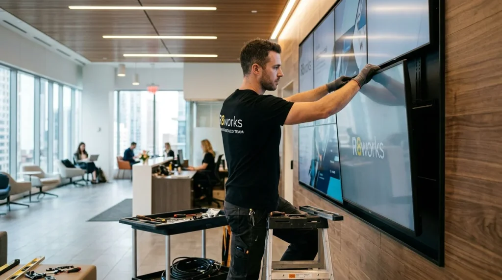 Commercial media wall installation in San Francisco — an R8Works tech fitting a dual-screen video wall in an office lobby