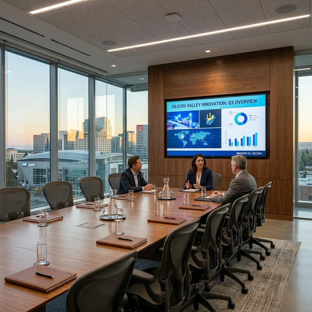 Commercial TV mounting in San Jose — an R8Works tech fitting a display in a boardroom while the facilities lead checks the layout