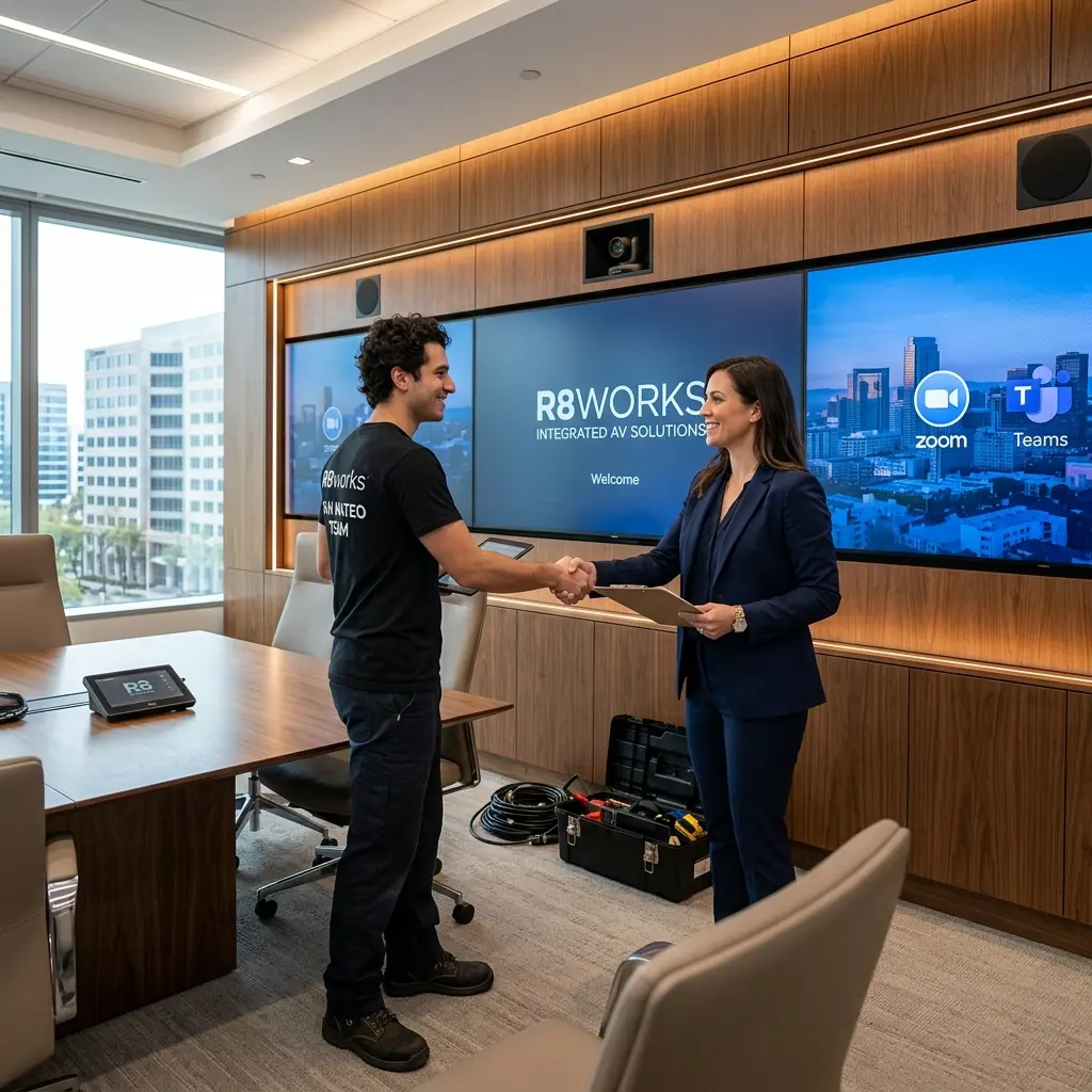 Commercial media wall installation in San Mateo — an R8Works tech fitting a display in a boardroom while the facilities lead checks the layout