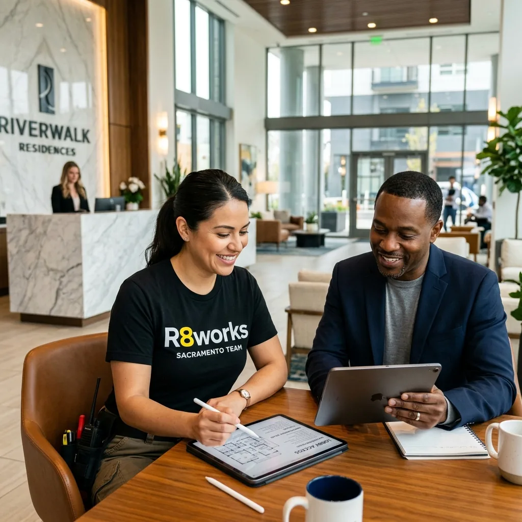 A smiling female R8Works Sacramento Team professional technician reviewing TV mounting plans on a tablet with a property manager in a bright East Sacramento apartment building lobby
