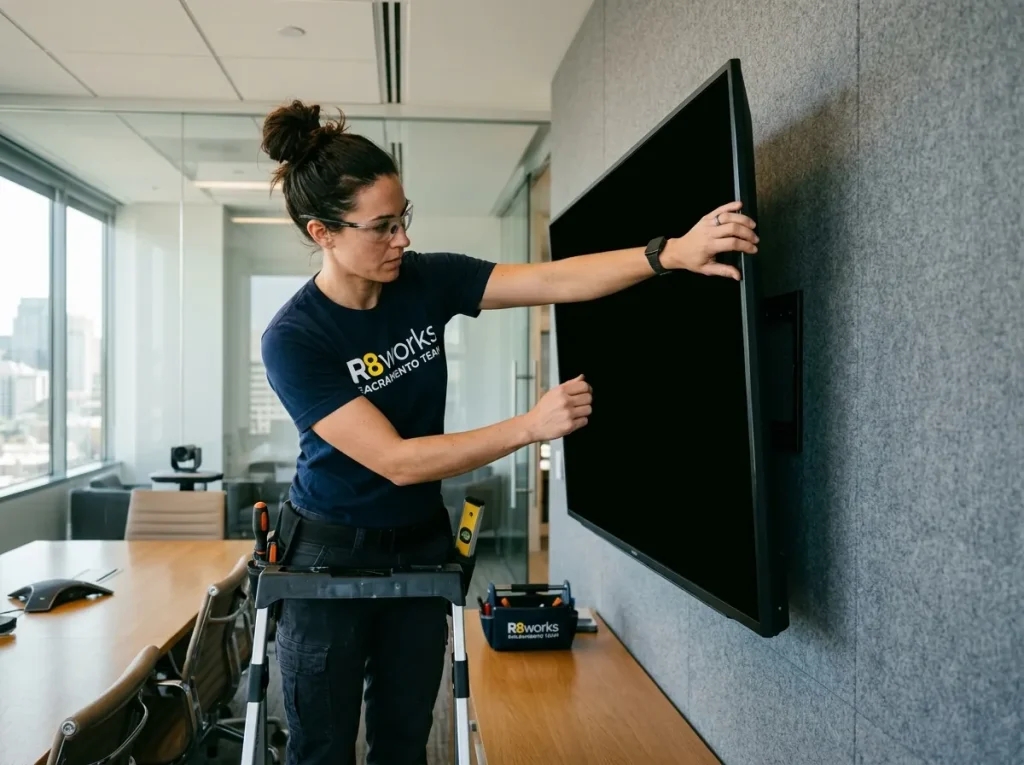 A professional female technician carefully adjusting a large flat-screen TV that is already securely mounted to the wall in a corporate conference room in El Dorado Hills.