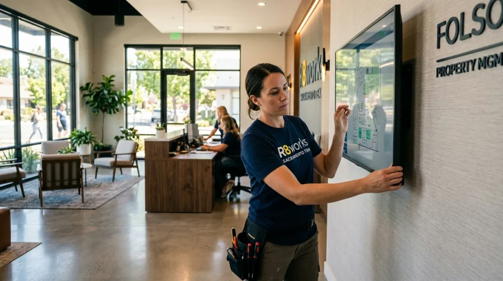 A female R8works Folsom Team technician mounting a large commercial display screen in an upscale property management leasing office in Folsom, California.