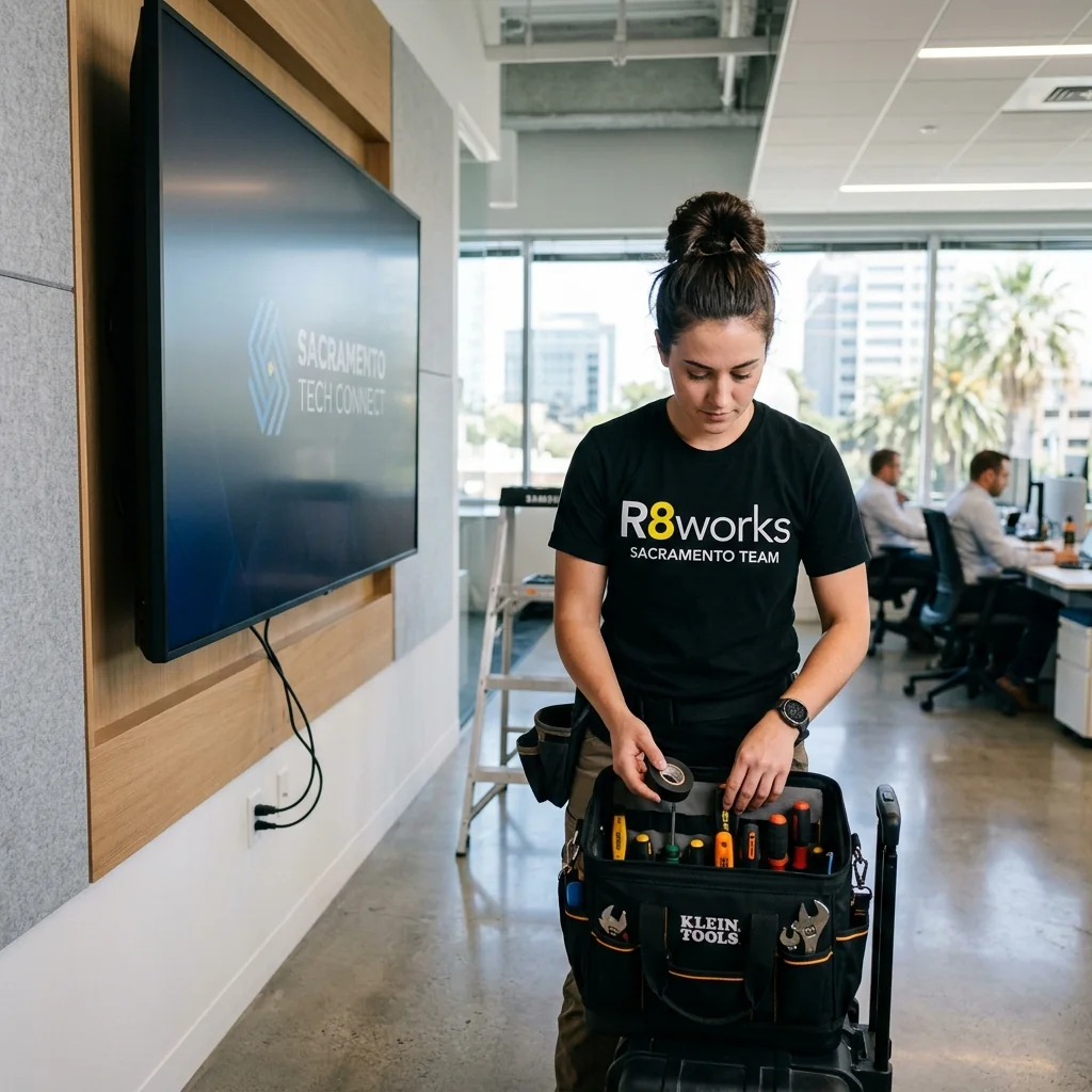 Female technician installing a large commercial TV display in a modern Sacramento office boardroom