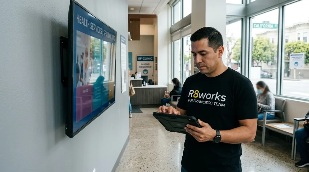 Male technician configuring a commercial digital display securely mounted in a clinic lobby in the Richmond District