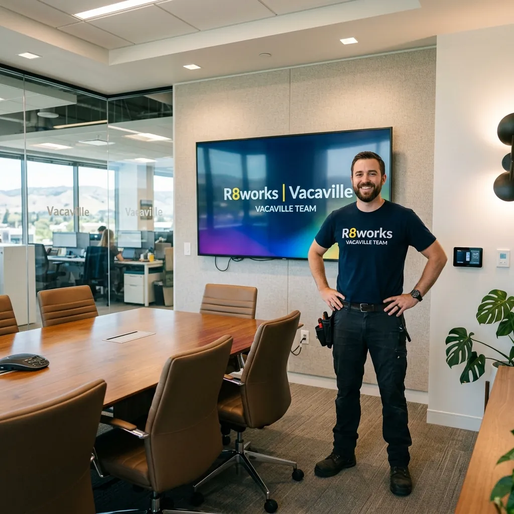 A professional technician wearing an R8works Vacaville Team t-shirt mounting a large display screen in a modern commercial office boardroom.