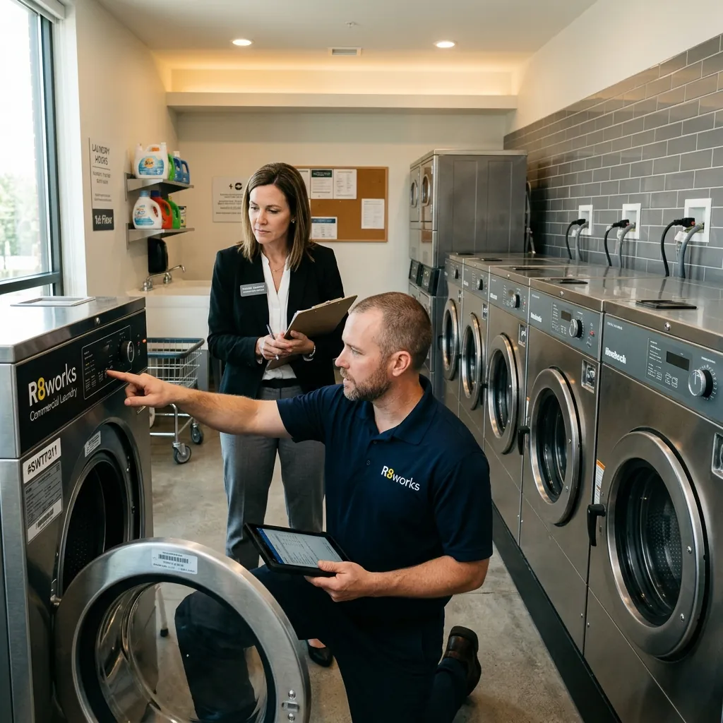 R8Works installer and a property manager inspecting newly installed commercial washers in a multi-family laundry room