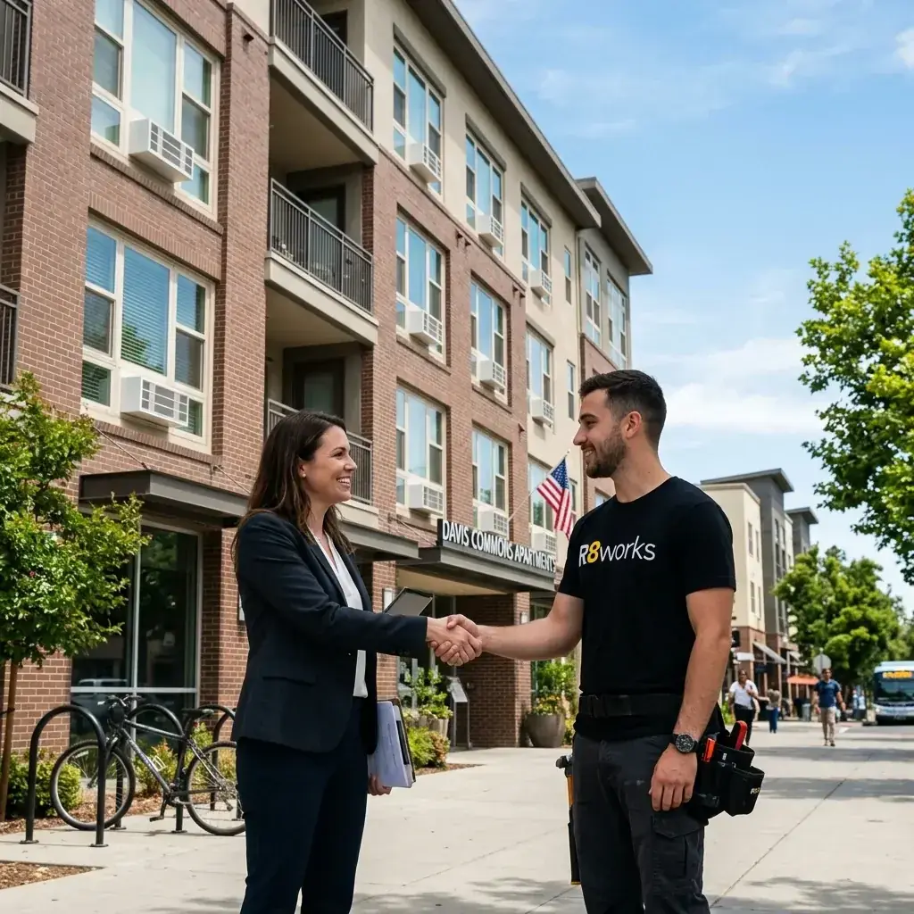 Commercial AC installation in Downtown Davis — an R8Works tech meeting a building manager outside an apartment block fitted with window units