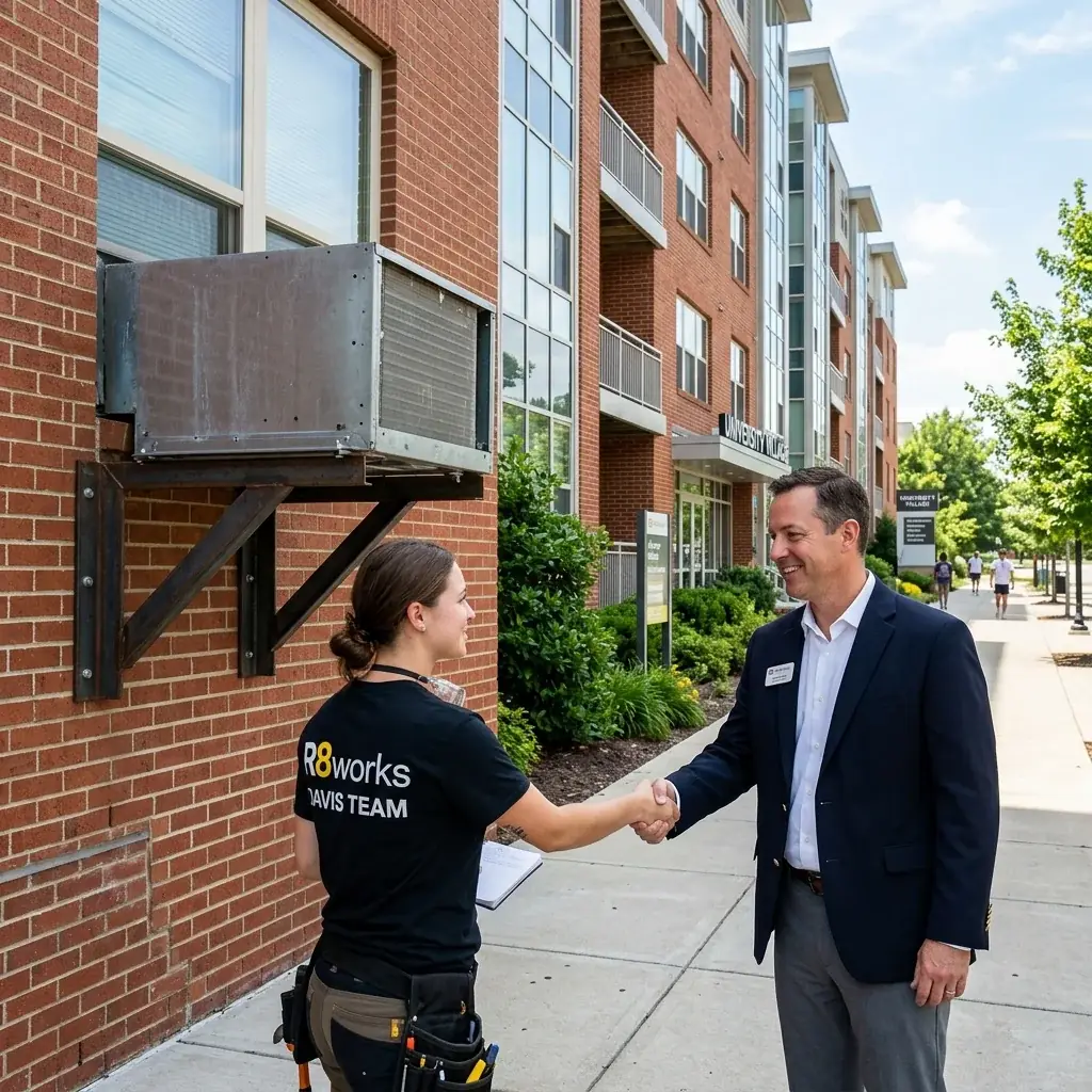 Commercial AC installation in North Davis — an R8Works Davis Team tech meeting a property manager beside a bracket-mounted unit on a brick building