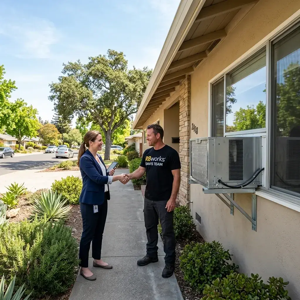 Commercial AC installation in South Davis — an R8Works Davis Team tech talking through a unit replacement with the manager of an apartment building