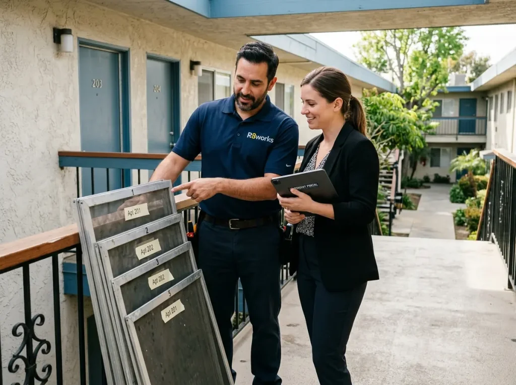 Apartment turnover rescreening — an R8Works technician and a property manager checking labeled window screen panels stacked on a building walkway