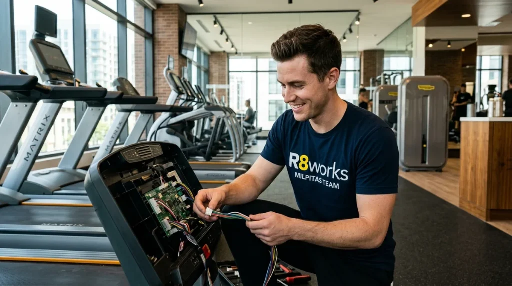 Commercial workout equipment assembly in Milpitas â€” an R8Works technician assembling multiple commercial treadmills in a high-end apartment complex fitness center
