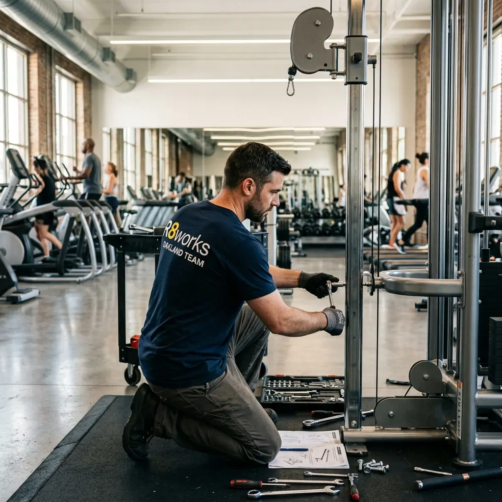 Commercial fitness center and gym equipment assembly service by R8Works in an Oakland corporate facility