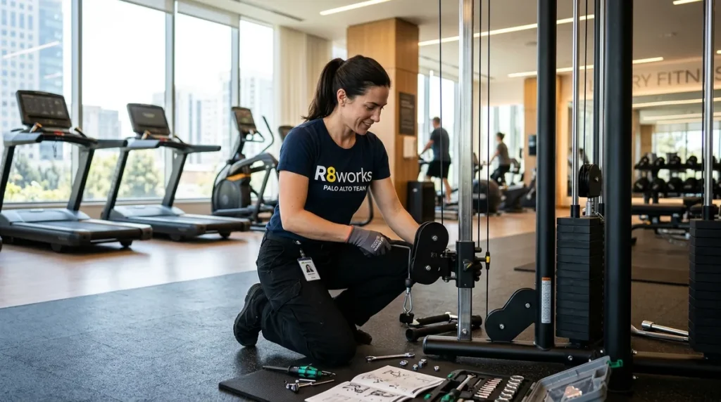 A professional technician assembling commercial fitness equipment in a high-end Palo Alto residential building gym.