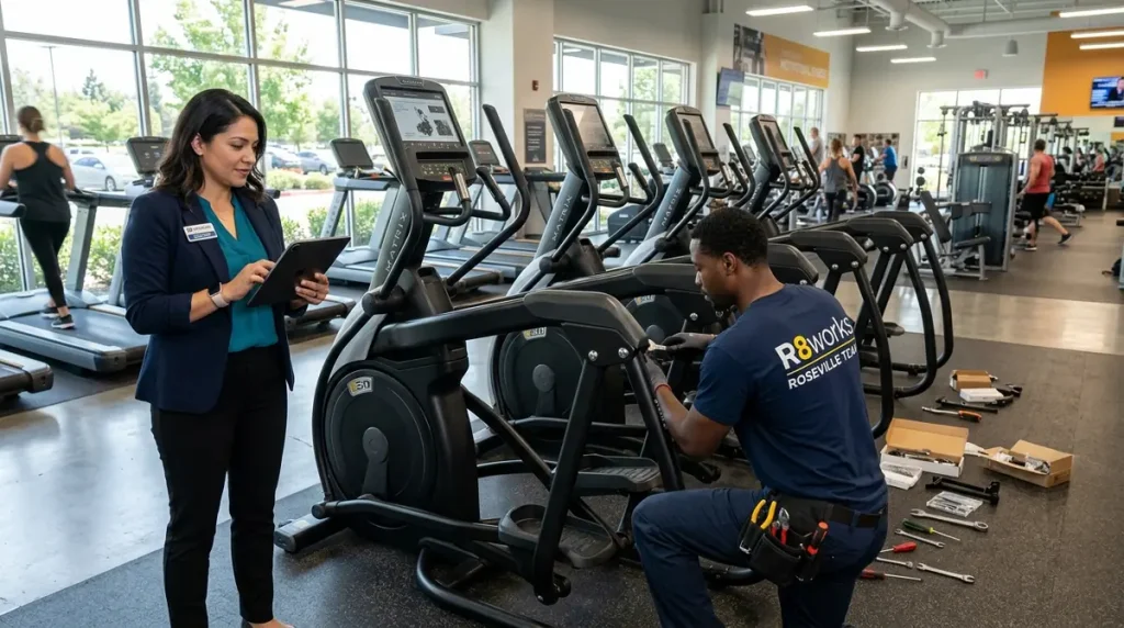 Commercial fitness equipment assembly in Roseville — an R8Works tech sets up elliptical machines alongside a property manager in a modern HOA clubhouse