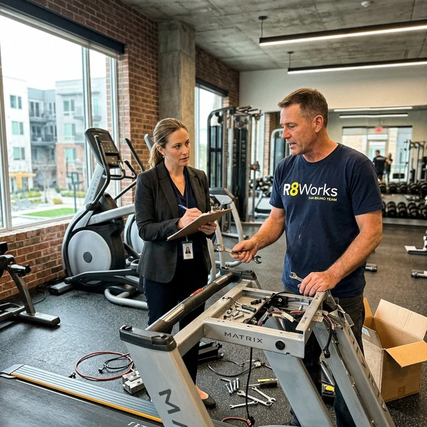 Commercial workout equipment assembly in San Bruno — an R8Works tech assembling treadmills in a luxury apartment complex gym while consulting with the property manager.