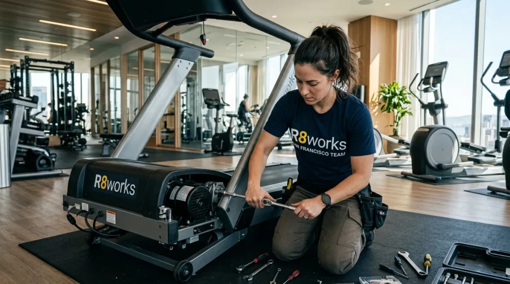 Female technician assembling commercial gym equipment in a high-end San Francisco apartment fitness center