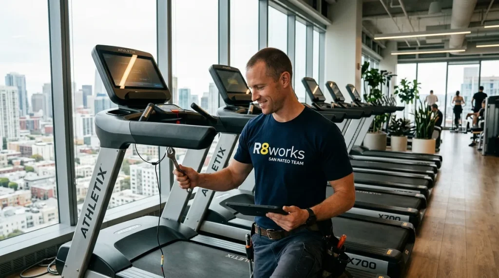 A professional technician installing a row of heavy-duty treadmills in a modern luxury high-rise condo gym in San Mateo.