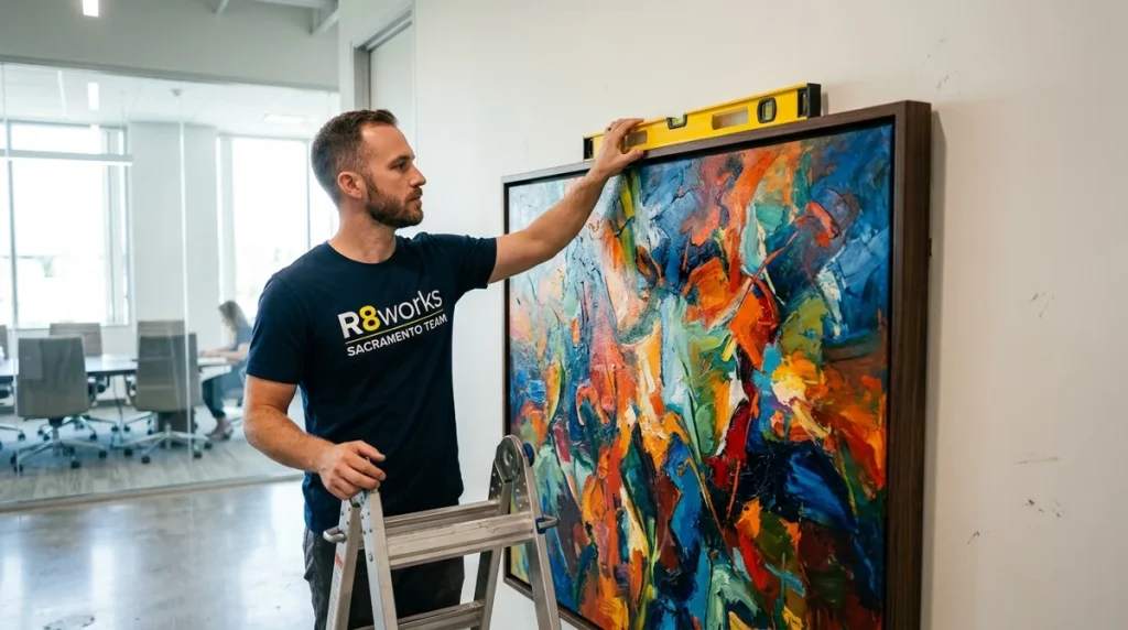 Professional technician securely leveling and hanging a vibrant modern abstract oil painting on a commercial office wall in Sacramento.