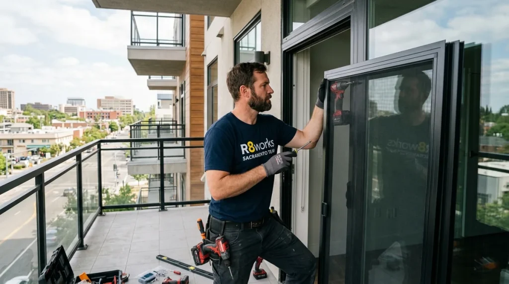 Male R8Works commercial technician replacing heavy-duty screen doors on a large apartment complex balcony in Sacramento.