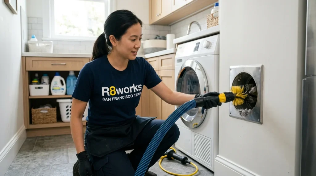 A commercial property manager in San Francisco reviewing an R8Works dryer vent code compliance report for a multi-unit Edwardian building.