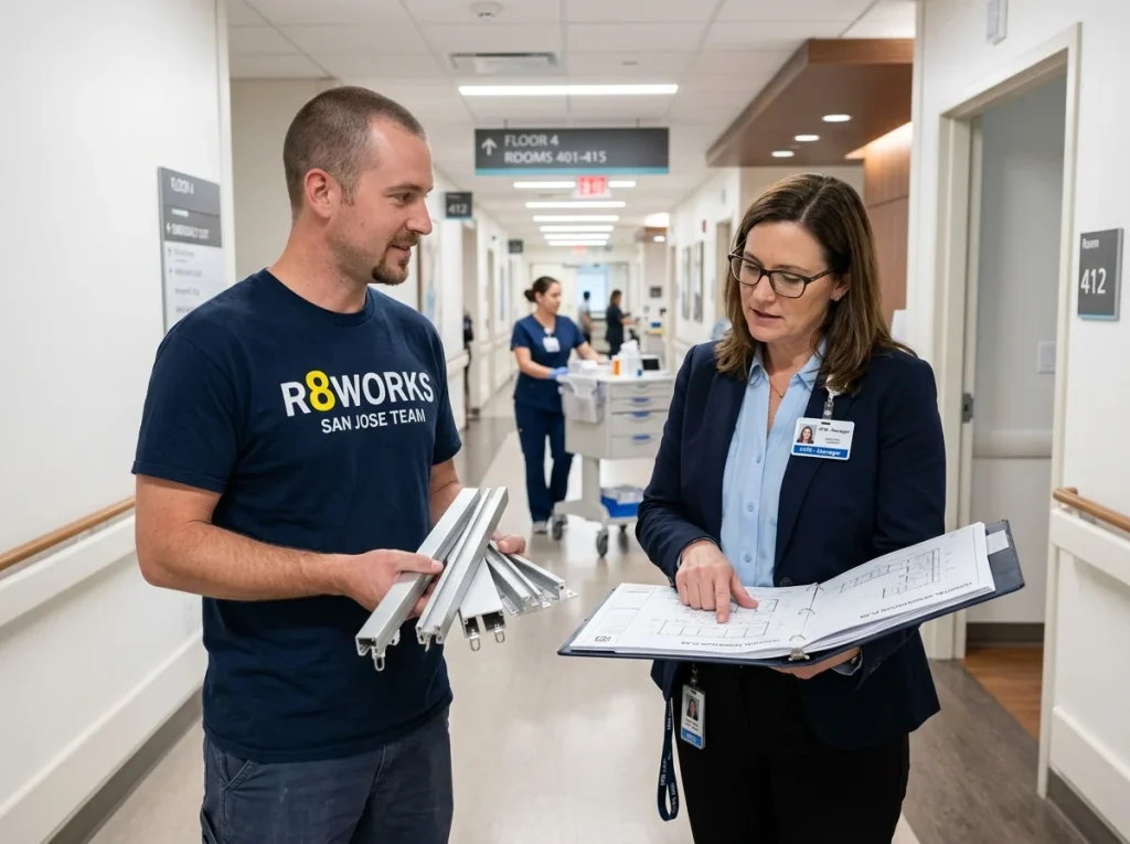 Commercial hospital curtain installation in San Jose — an R8Works technician presenting ceiling track samples to a medical facility manager in a hospital corridor — San Jose, CA 95110