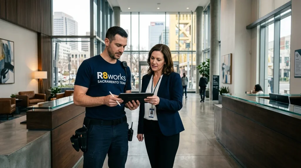 R8Works technician discussing commercial TV mounting specifications with a building manager in a Downtown Sacramento high-rise lobby