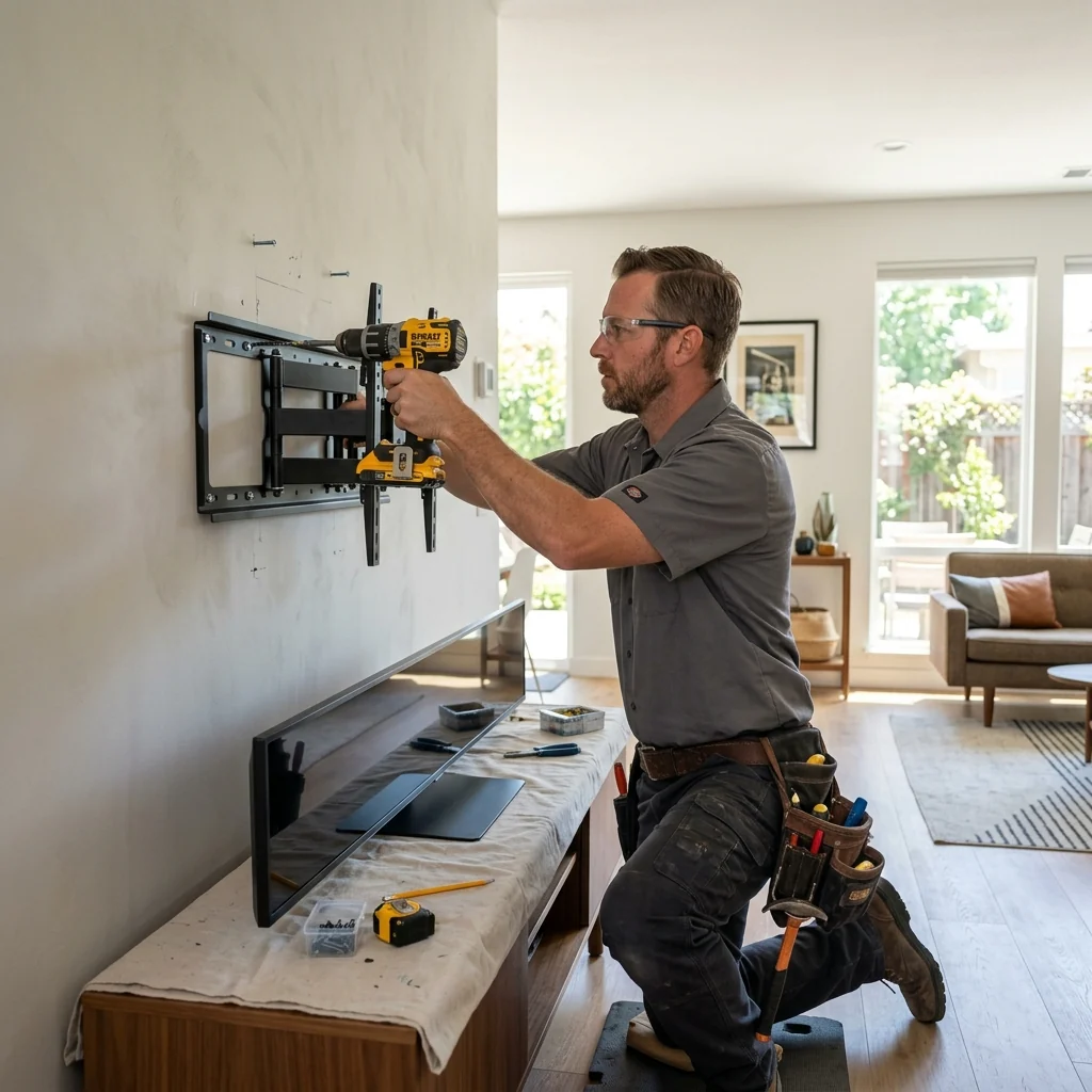 A professional technician mounting a large flat screen TV on a wall in a bright, modern Sacramento living room using a power drill