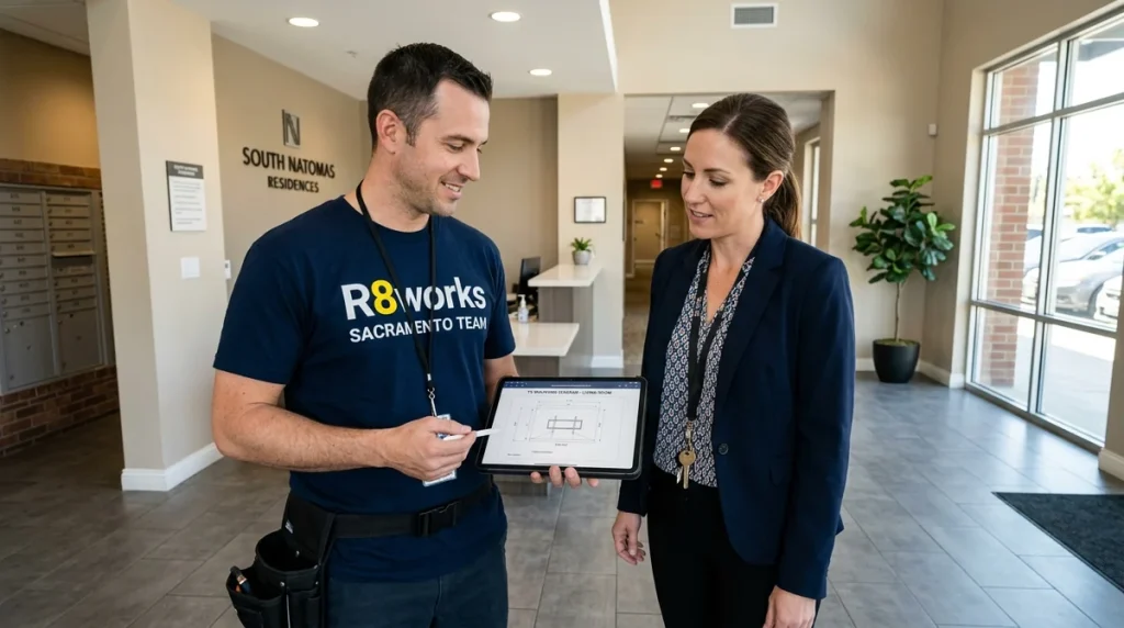 R8Works technician consulting with a property manager in a South Natomas apartment complex lobby about TV mounting options