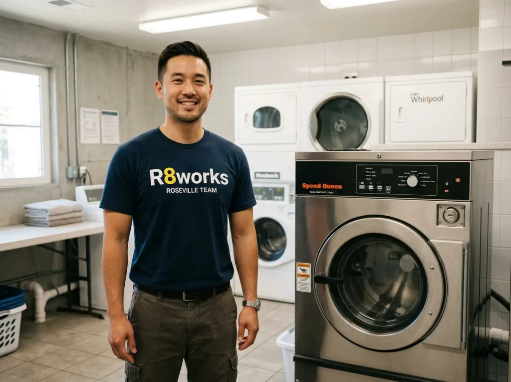 A confident male Asian professional technician wearing a dark navy-blue R8Works Roseville Team t-shirt standing proudly next to a single commercial-grade washing machine in a clean, brightly lit multi-unit property laundry room.
