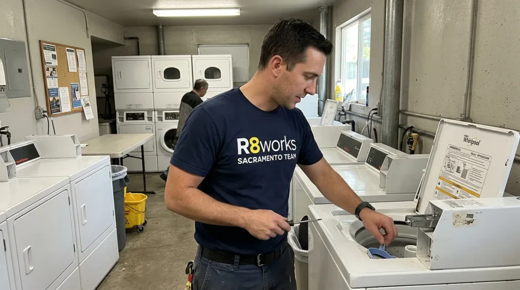Male technician inspecting commercial heavy-duty washers in a Sacramento multifamily laundry room
