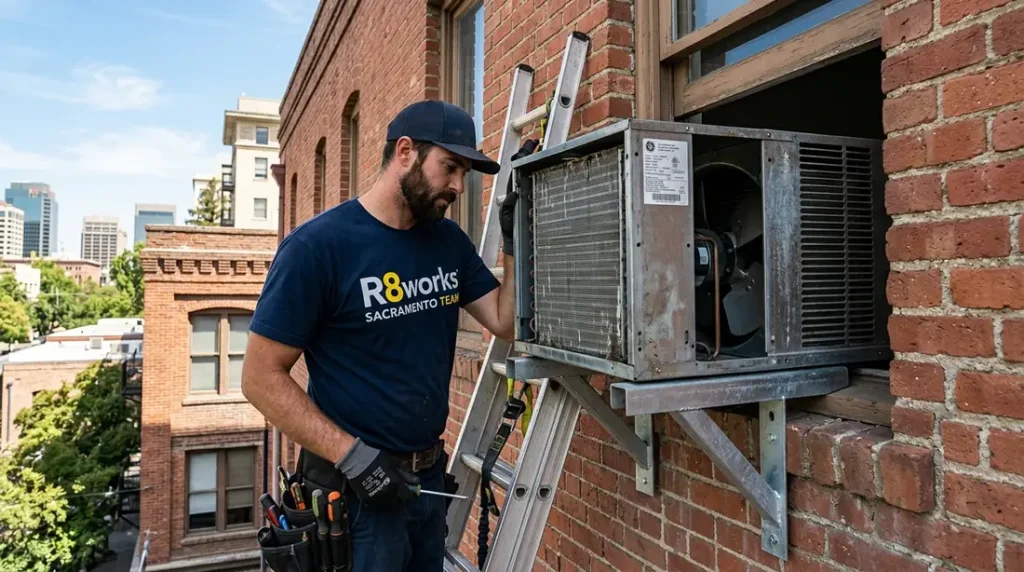 A commercial technician installing a heavy-duty window AC unit with a steel support bracket on the brick facade of a Sacramento commercial property.
